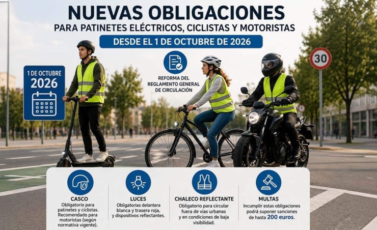 Nuevas obligaciones de seguridad para motoristas, ciclistas y usuarios de patinetes desde octubre de 2026